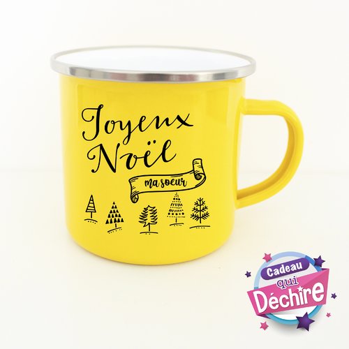 Tasse émaillée " joyeux noël " personnalisable - idée cadeau noël - tasse jaune