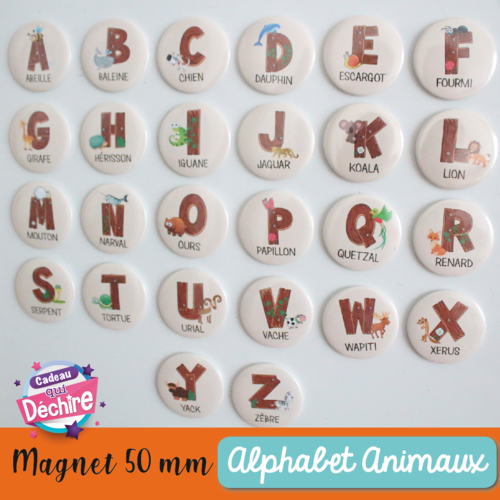 Magnet alphabet des animaux - 50 mm - 26 lettres magnétiques - jeux éducatifs pour enfants 