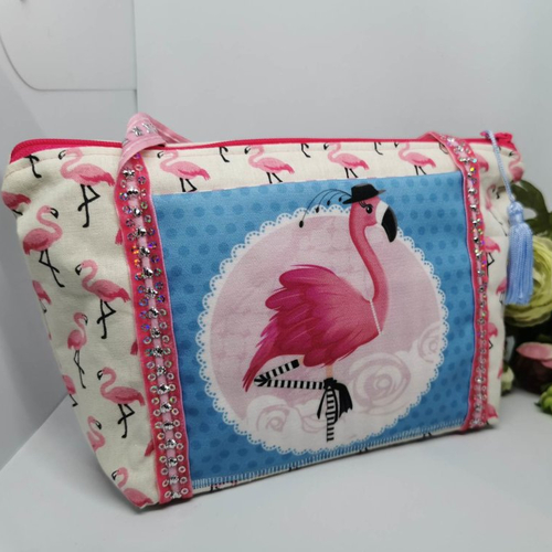 Pochette / sac flamand roses anses avec poche devant et intérieur pour fillette