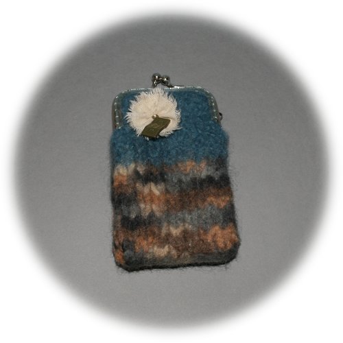 Porte-monnaie en laine feutrée bleu-gris orné d’une fleur en lin