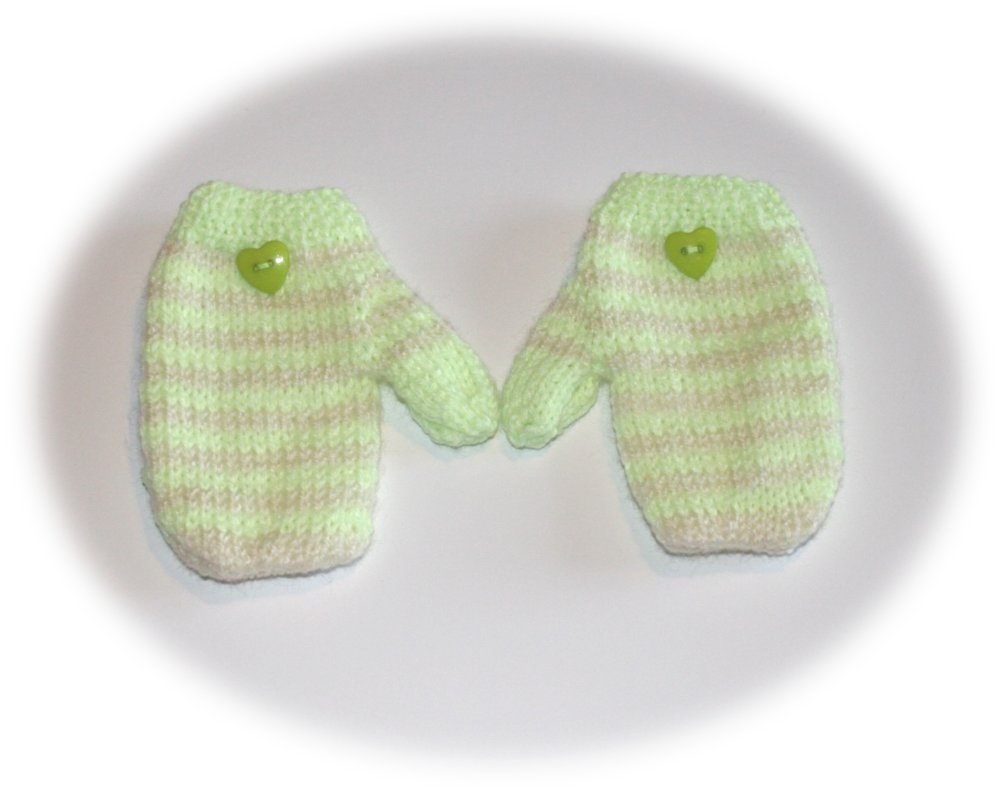 Moufles enfants 2 ans rayées vert & blanc ornées cœur - Un grand marché