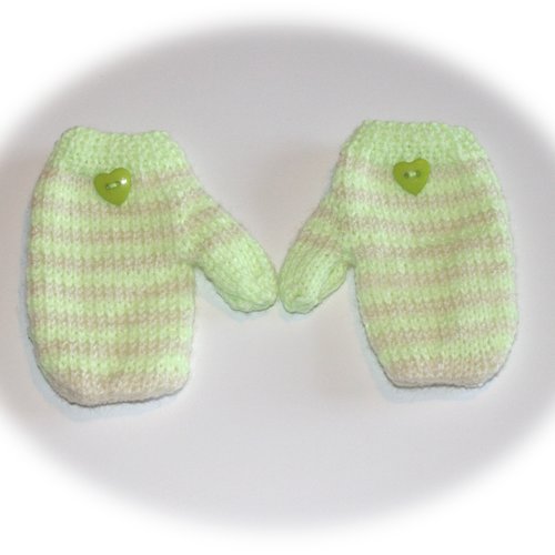 Moufles enfants 2 ans rayées vert & blanc ornées cœur
