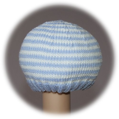 Bonnet naissance rayé en laine 100% mérinos bleue & blanche
