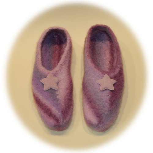 Chaussons pour adultes feutrés en pure laine bayadère rose/parme
