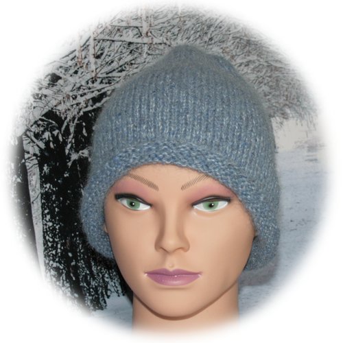 Bonnet femme en alpaga, mohair, pure laine & soie bleu jean
