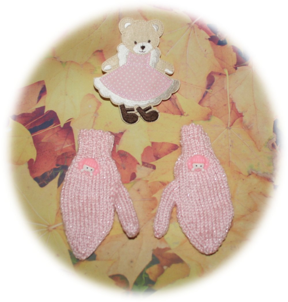 Moufles enfants 2/4 ans en laine rose pailletée décor tête de