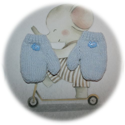 Moufles enfants 1 an en laine bleu dragée ornées lapin bleu