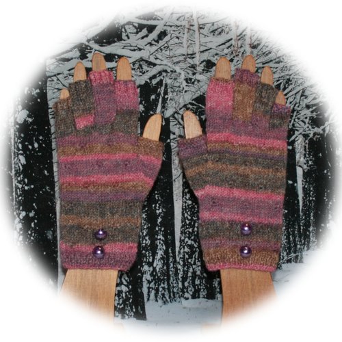 Mitaines en pure laine & polyamide bayadère marron/rose/parme avec doigts