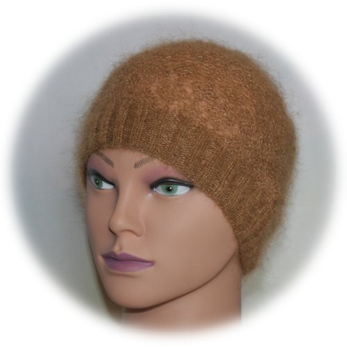 Bonnet femme en mohair & soie couleur cannelle point fantaisie