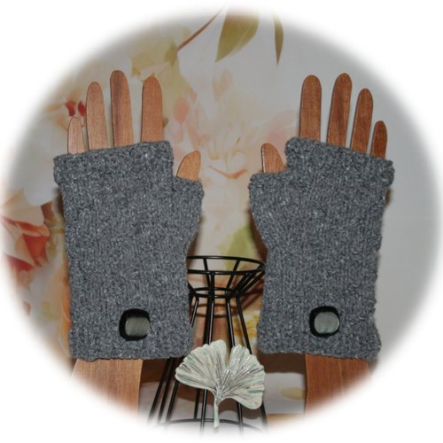 Mitaines gris fumée en fil recyclé (laine & coton) point fantaisie