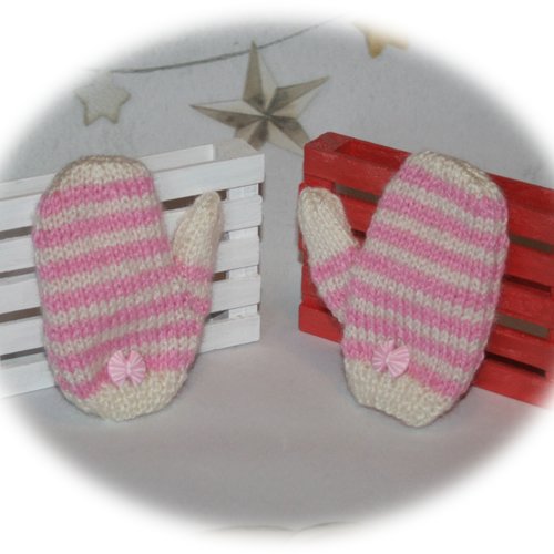 Moufles enfants 18 mois rayées rose et blanc bouton nœud