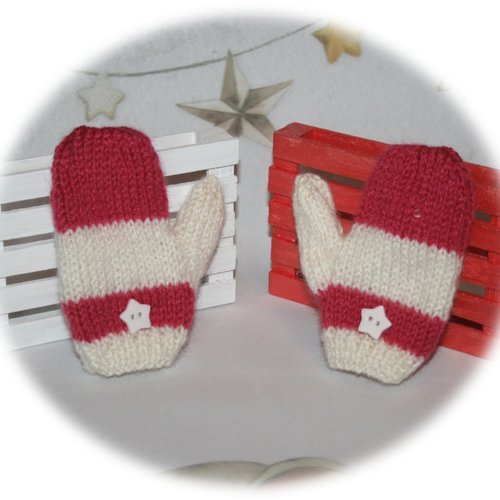 Moufles enfants 18 mois rayées framboise et blanc bouton étoile