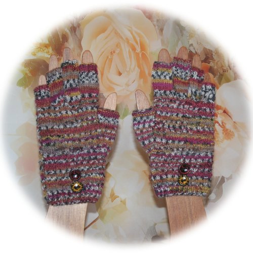 Mitaines en pure laine & polyamide chinée marron/bordeaux/gris avec doigts