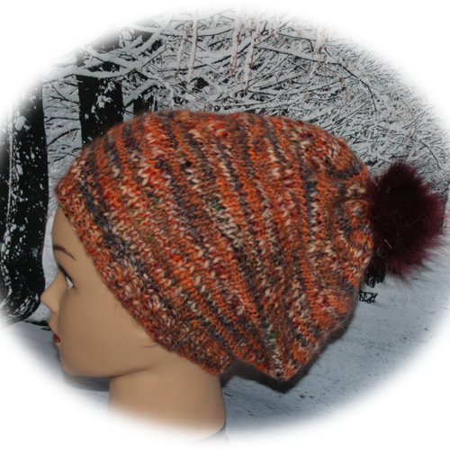 Bonnet femme à pompon fourrure en laine dégradé brique/marron/beige