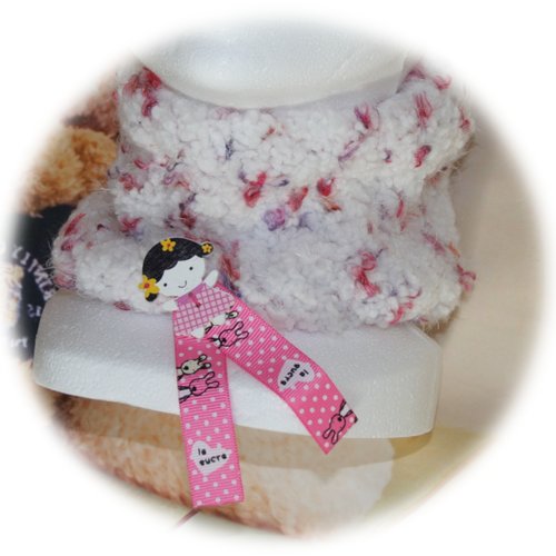 Snood chiné rouge enfant orné ruban rose