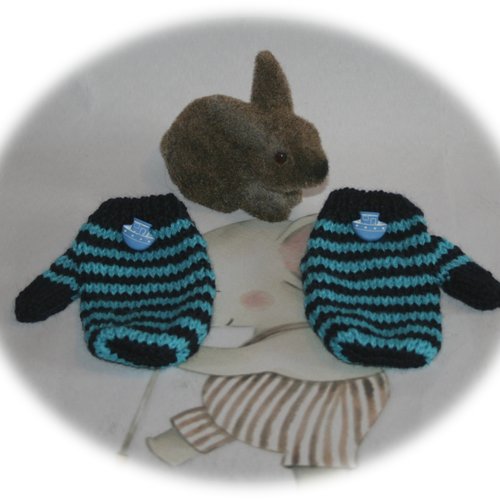 Moufles enfants 2 ans duo de bleu ornées navire