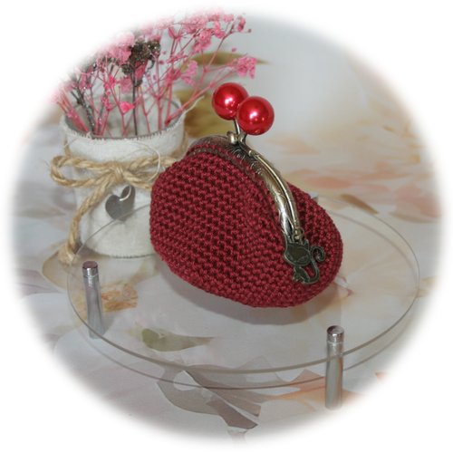 Porte-monnaie en coton grenat & breloque chat
