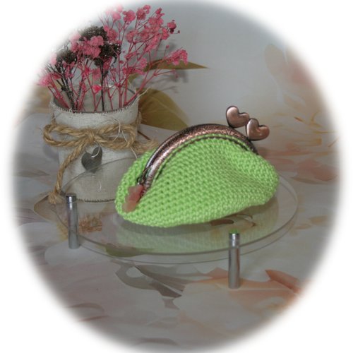 Porte-monnaie en coton vert anis fermoir métal rosé breloque ourson