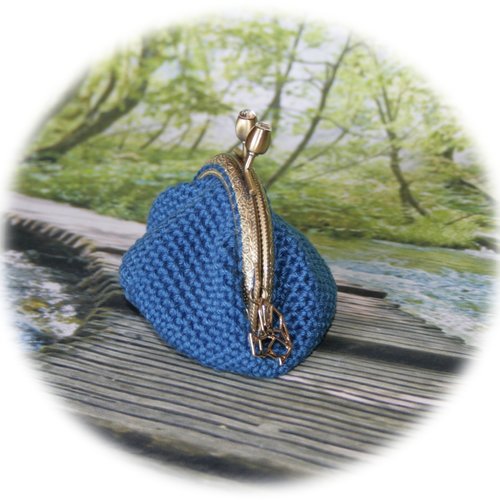 Porte-monnaie en coton bleu, fermoir doré orné strass