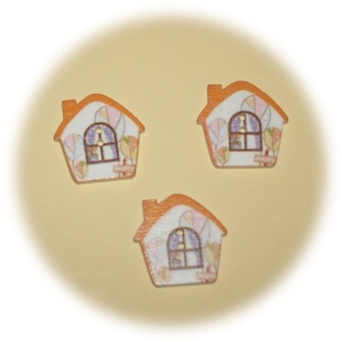 Lot de 3 boutons forme maison orange décor fenêtre & ballons