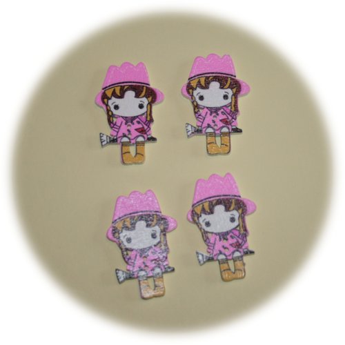 Lot de 4 boutons petite fille en bois avec deux trous couleur rose