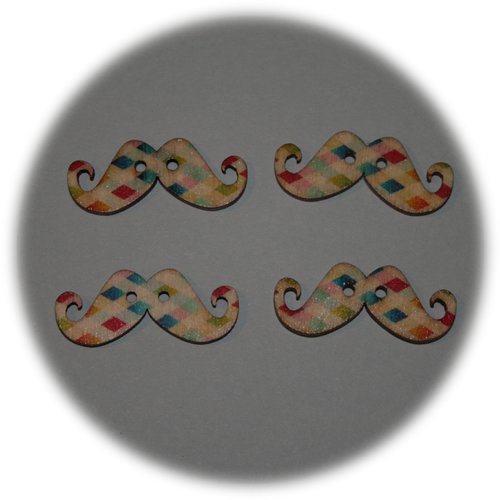 Lot de 4 boutons en bois avec deux trous en forme de moustaches arlequin