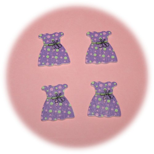 Lot de 4 boutons deux trous en forme de robe d’été de couleur parme à pois