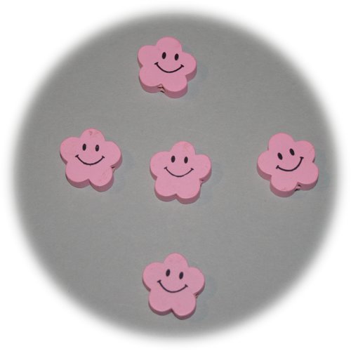 Lot de 5 perles en bois roses en forme de fleur souriante