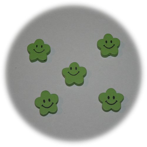 Lot de 5 perles en bois vertes en forme de fleur souriante