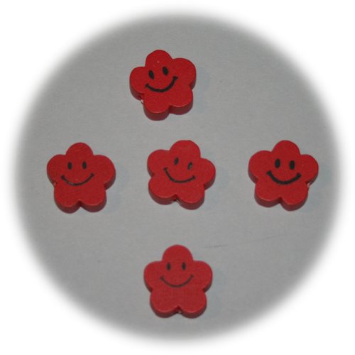 Lot de 5 perles en bois rouges en forme de fleur souriante