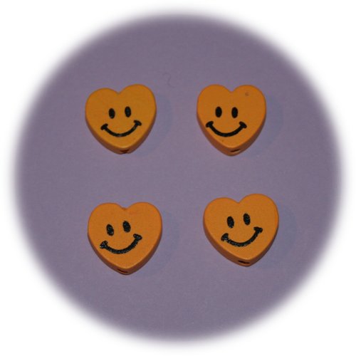 Lot de 4 perles en bois orange en forme de cœur souriant