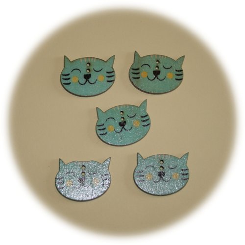 Lot de 5 boutons deux trous en bois turquoise tête de chat