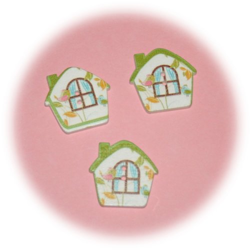 Lot de 3 boutons forme maison verte décor fenêtre & oiseau