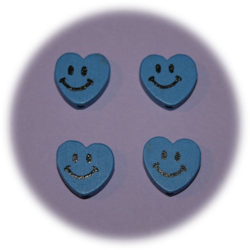 Lot de 4 perles en bois bleues en forme de cœur souriant