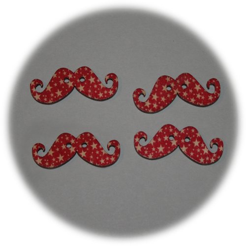 Lot de 4 boutons en bois avec deux trous en forme de moustaches rouge étoilé