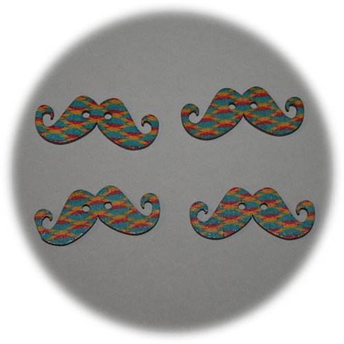Lot de 4 boutons en bois avec deux trous en forme de moustaches multicolores