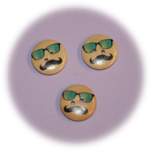 Lot de 3 boutons ronds en bois décor moustaches & lunettes vertes