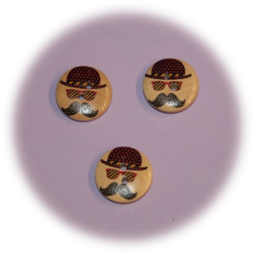 Lot de 3 boutons ronds en bois décor chapeau melon, lunettes & moustaches