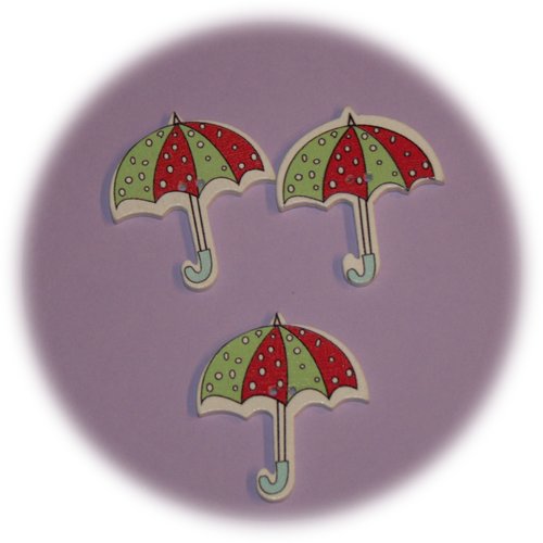 Lot de 3 boutons deux trous en forme de parapluie rouge & vert