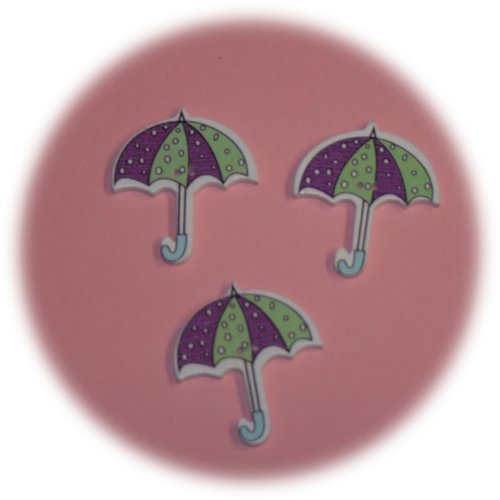 Lot de 3 boutons deux trous en forme de parapluie violet & vert