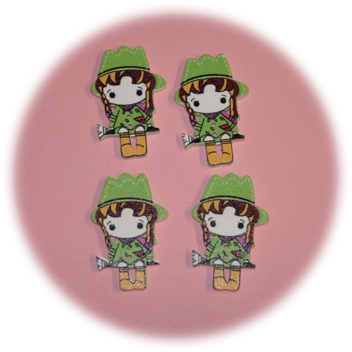 Lot de 4 boutons petite fille en bois avec deux trous couleur verte