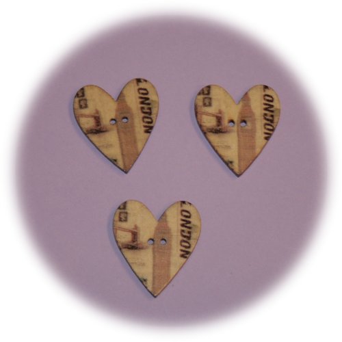 Lot de 3 boutons en bois en forme de cœur london