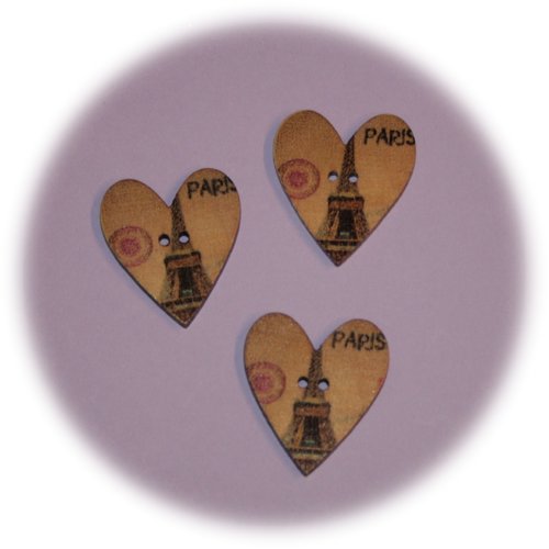 Lot de 3 boutons en bois en forme de cœur paris