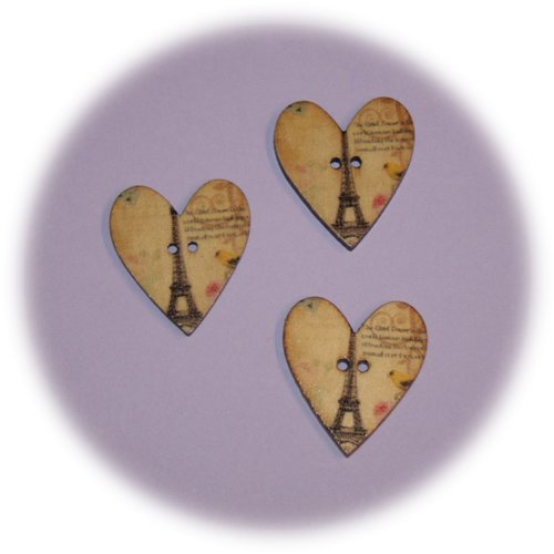 Lot de 3 boutons en bois en forme de cœur parchemin tour eiffel