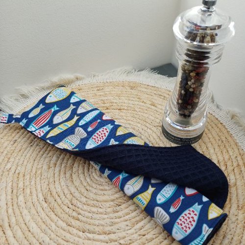 Essuie-main, essuie-tout, lavable et réutilisable – coloris bleu – motif poissons