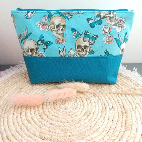 Trousse / pochette zippée – turquoise tête de mort - idée pour anniversaire, noël, fête, maitresse - pour les vacances, les voyage