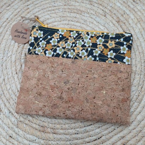 Pochette / trousse zippée liège et coton fleuri noir jaune doré - idée cadeau noël, anniversaire, fête, vacances, voyages, cérémonie