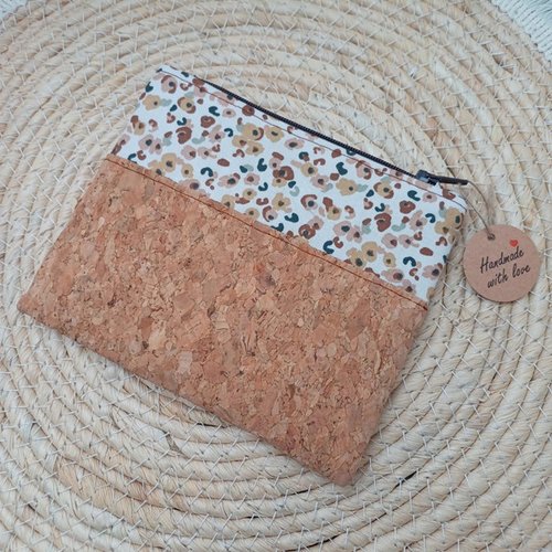 Pochette / trousse zippée liège et coton graou léopard - idée cadeau noël, anniversaire, fête, vacances, voyages, cérémonie