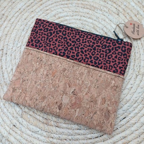 Pochette / trousse zippée liège et coton terracotta léopard - idée cadeau noël, anniversaire, fête, vacances, voyages, cérémon