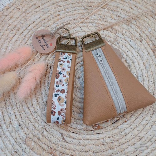 Ensemble porte-monnaie et porte clés simili cuir – attache keyfob - mousqueton – coloris marron clair taupe – motif léopard graou